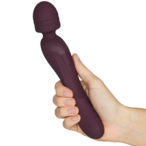 Hand holding Amaysin Duo Rechargeable Magic Wand and Dildo Vibrator