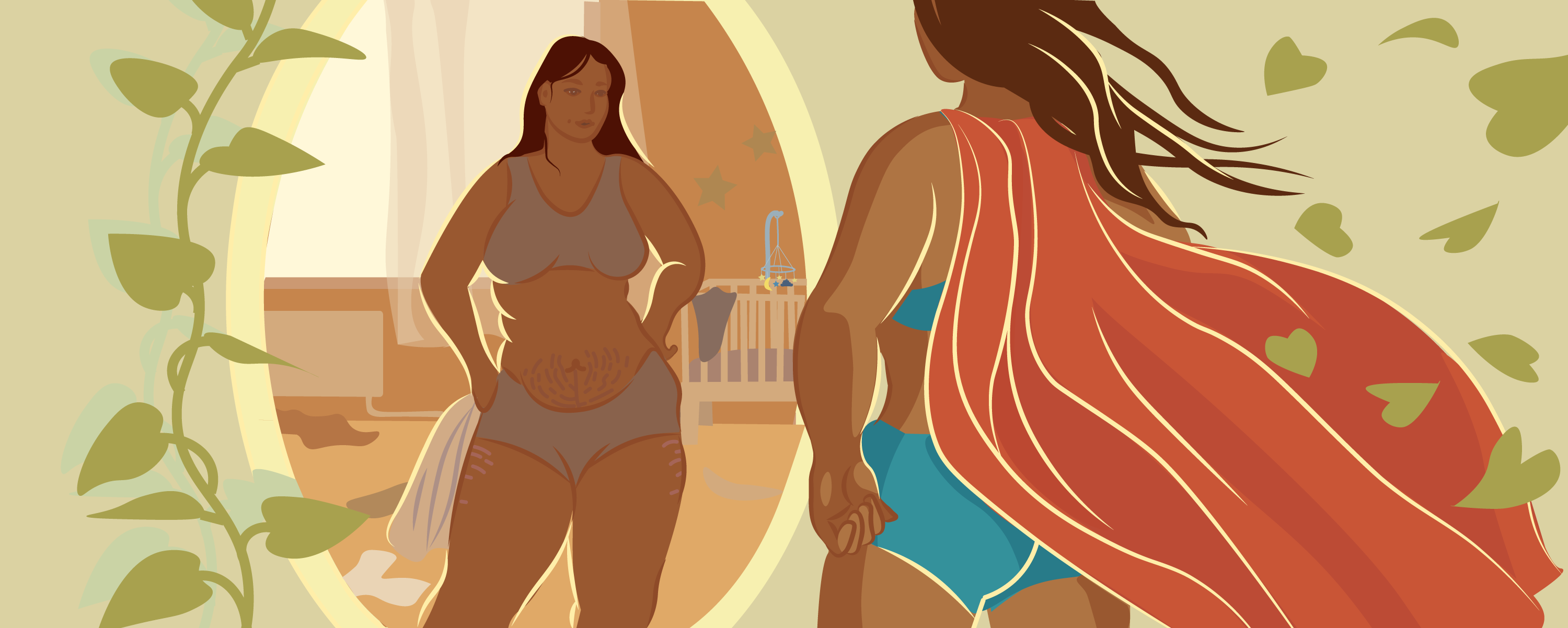 Een superheldin die in de spiegel kijkt, maar zichzelf ziet als een normaal persoon