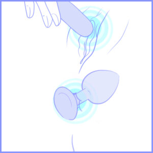 Illustration of anal pairing close-up of butt plug in anus while vibrator stimulates clitoris 