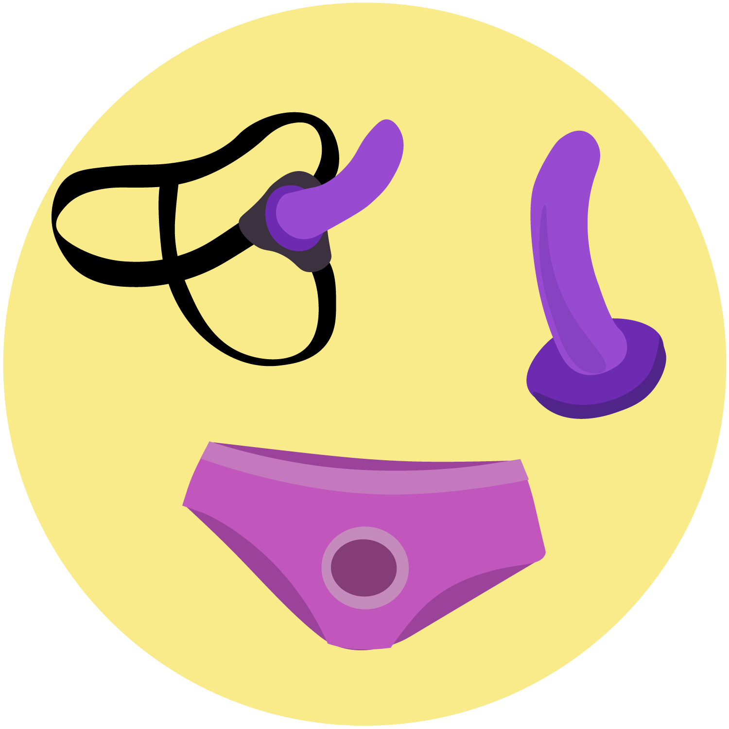 Et strapon-sett, en dildo og en boksershorts sele på gul bakgrunn