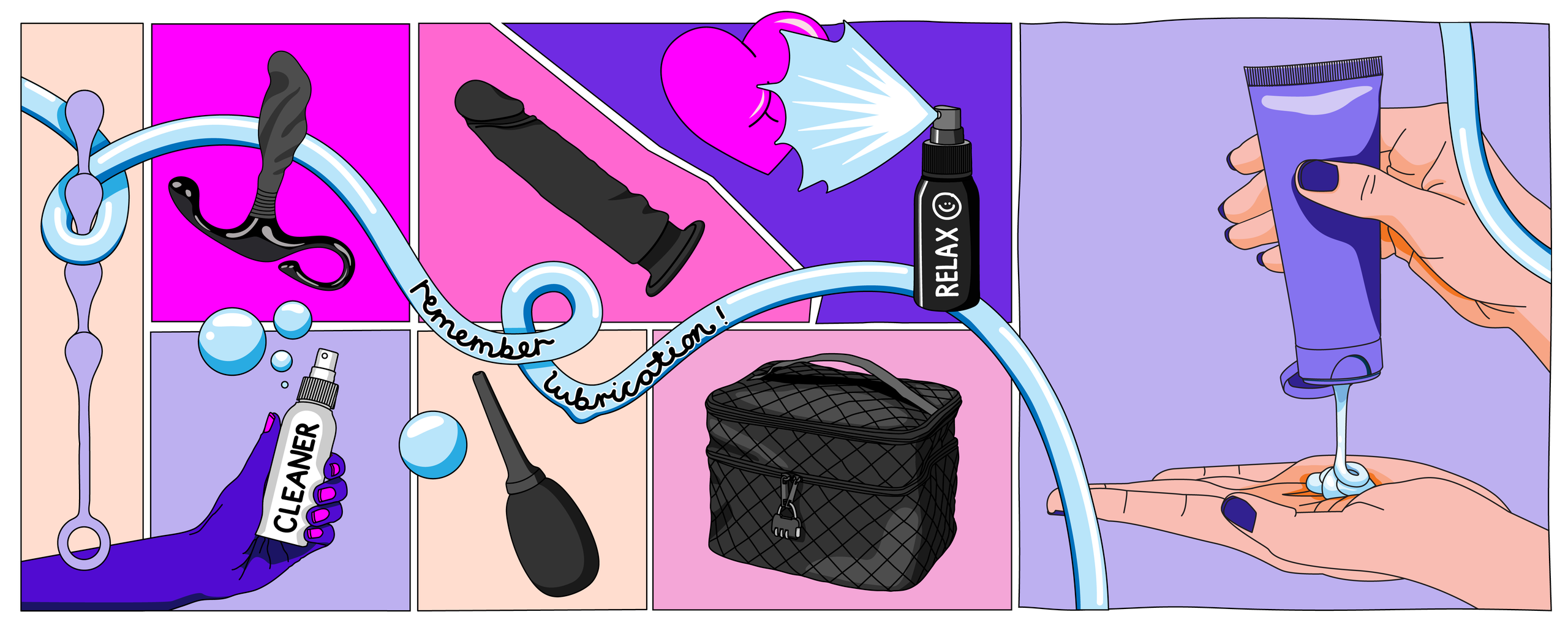 Illustration of sex toys, lubricant, cleaner, enema bulb, and storage bag with a reminder to use lubrication
