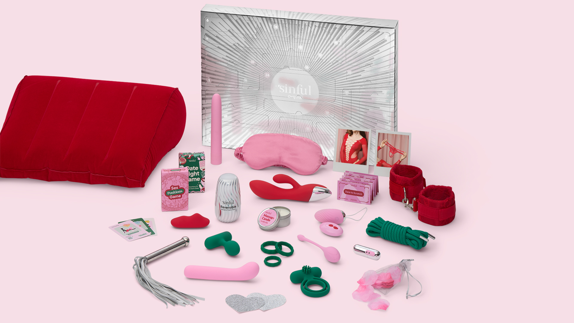 Sinful Original-julkalender med ett urval av sexleksaker, spel, underkläder och bondage-tillbehör på en rosa bakgrund