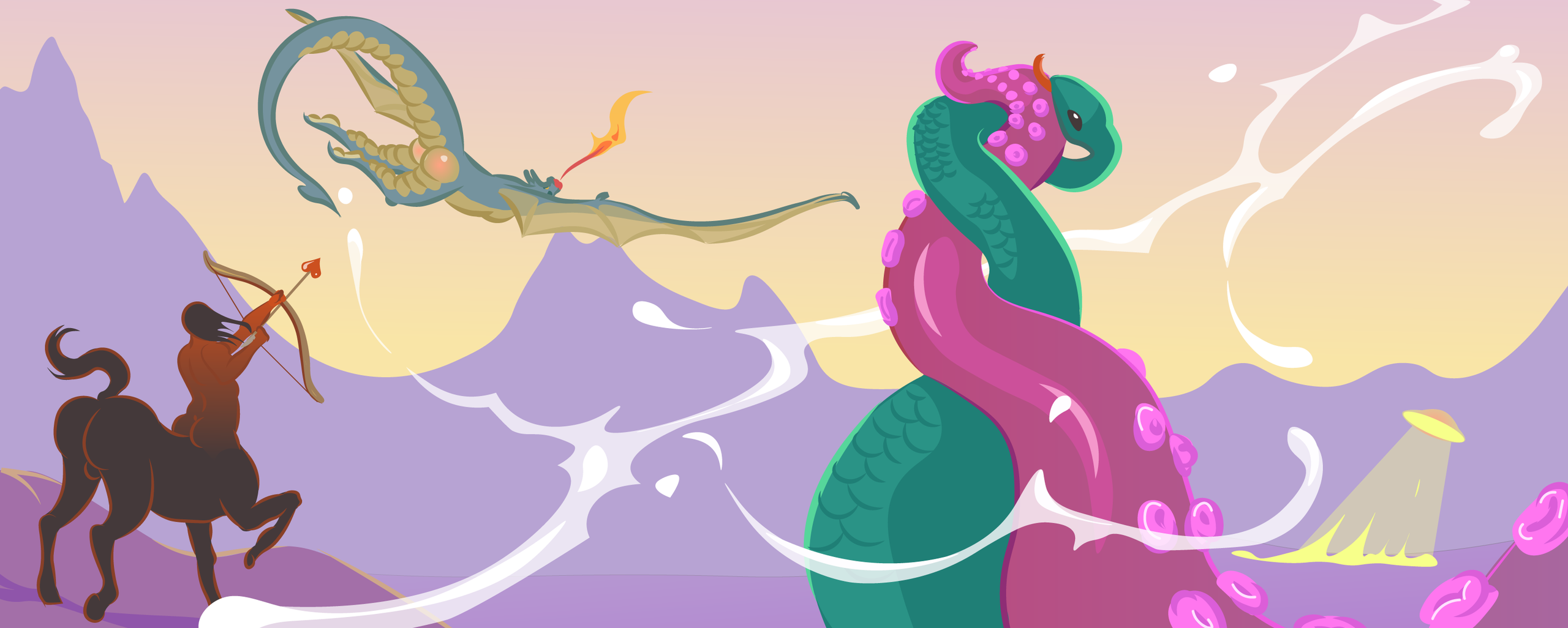 illustration d'un dragon, d'un centaure, de tentacules et d'un ovni