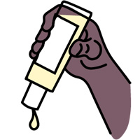 Illustrasjon av en hånd som holder en tube med massasjeolje
