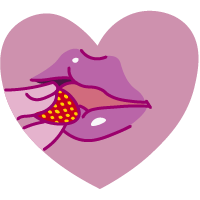 Illustration of a heart with a mouth eating a strawberry