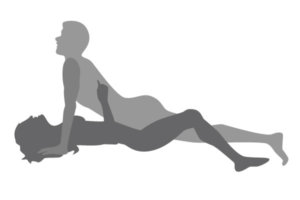 Illustrasjon av sexstilling der en person ligger på ryggen med lett bøyde ben og den andre ligger oppå med svaiet rygg