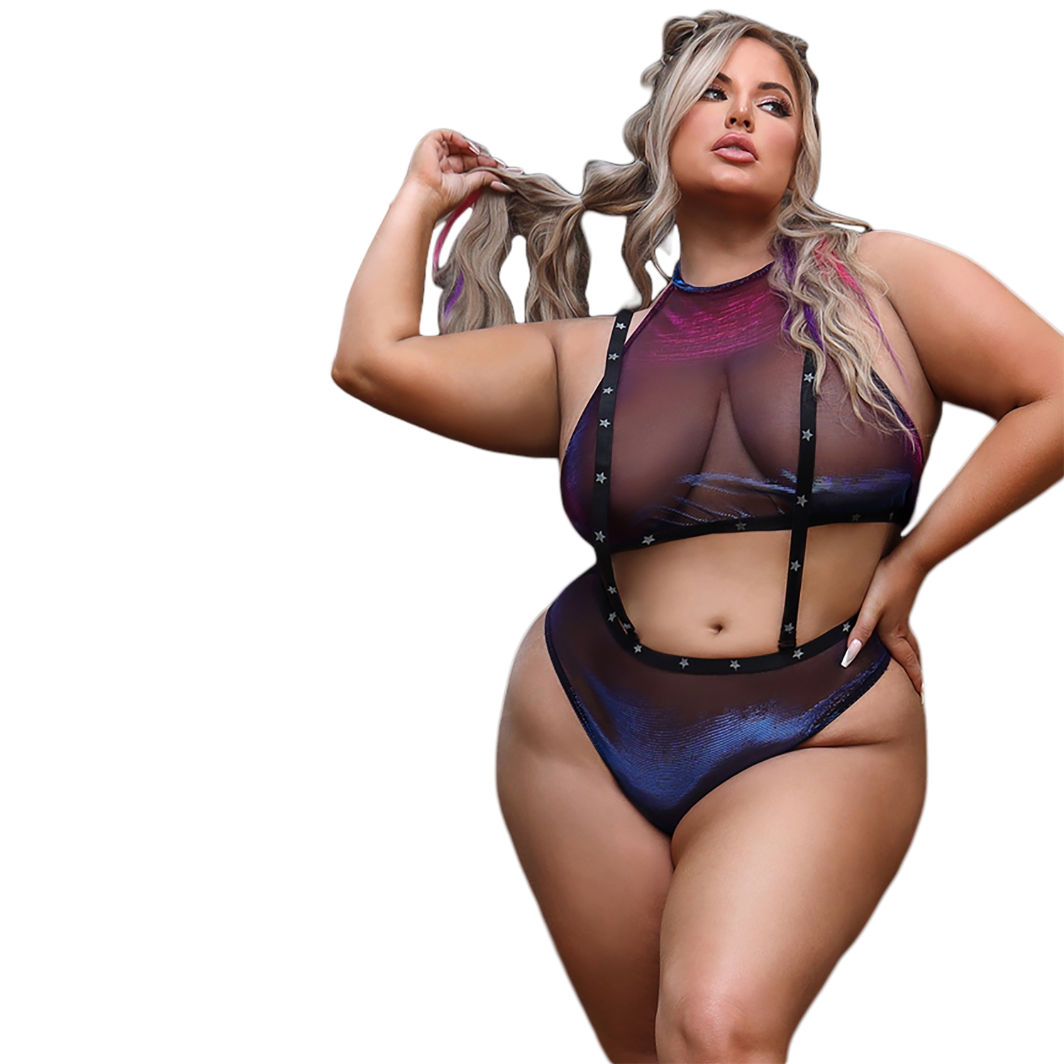 Fantasy Lingerie Vibes STARDUST Top Licou et Bas avec Imprimé Étoiles Réactif aux UV Grande Taille var 1