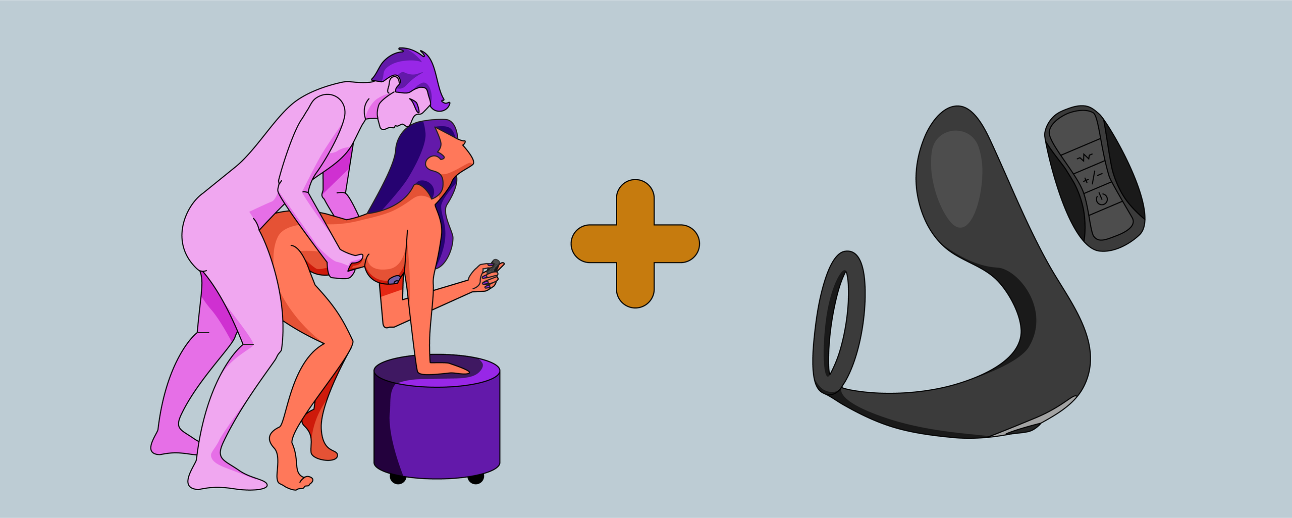 Kuvitus pariskunnasta harrastamassa seksiä eteenpäin kumartuneessa asennossa käyttäen kaukosäätimellä ohjattavaa eturauhaskiihotinta.