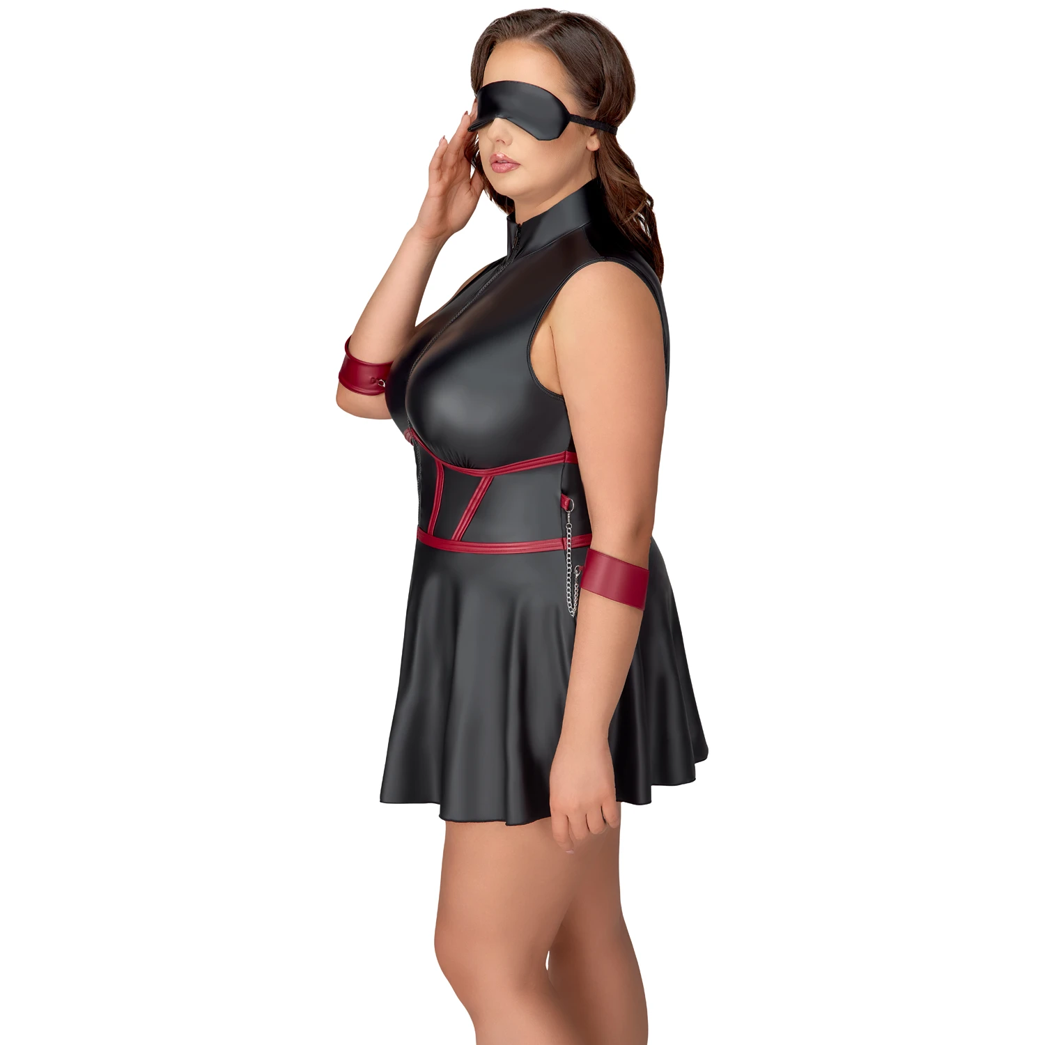 Cottelli Bondage Curves Schwarzes Wetlook Bondage Kleid mit Augenbinde var 1