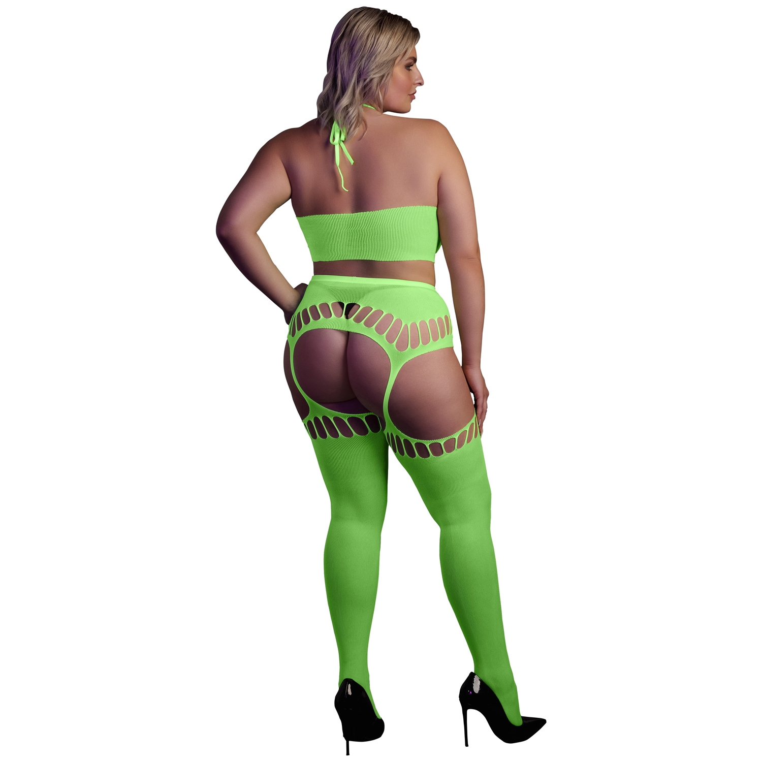 Ouch! Glow in The Dark Neon Green Crop Top met Jarretelkousen Plus Size 1