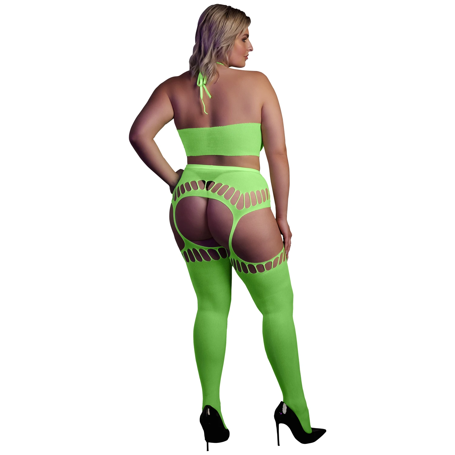 Ouch! Glow in The Dark Neongrønn Crop Top med Strømper Plus Size 1