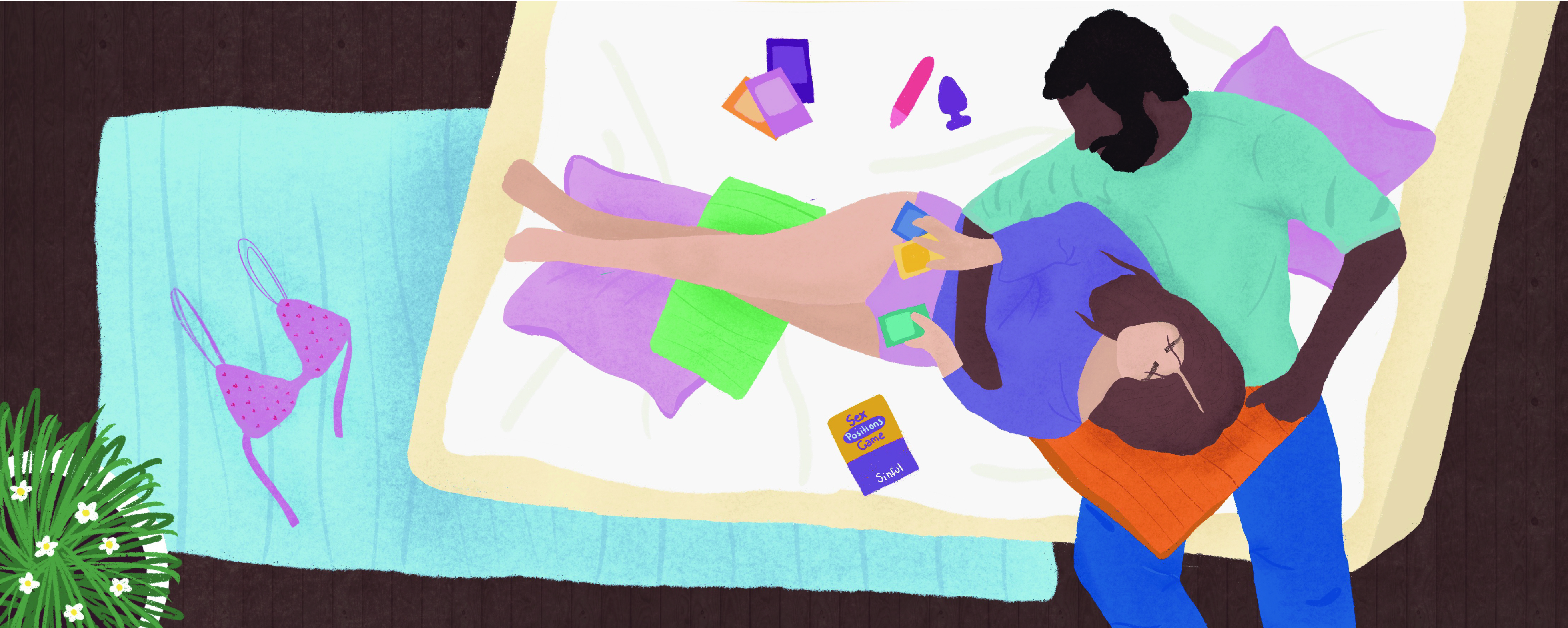 Een stel ontspant op een bed terwijl ze een kaartspel met seksstandjes spelen, met kaarten en seksspeeltjes verspreid in de buurt.