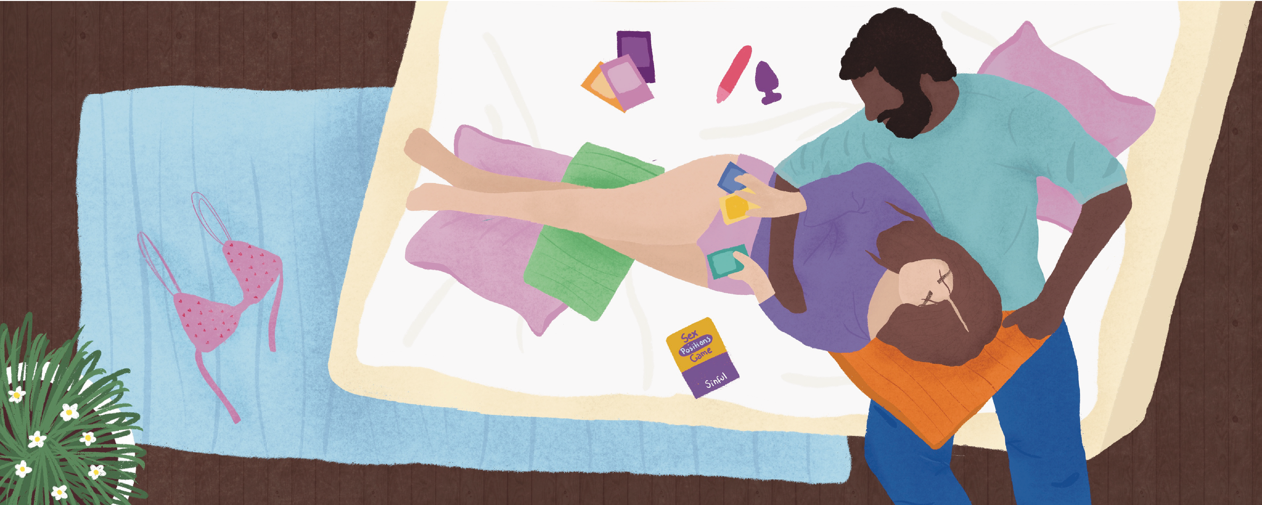 Een stel ontspant op een bed terwijl ze een kaartspel met seksstandjes spelen, met kaarten en seksspeeltjes verspreid in de buurt.