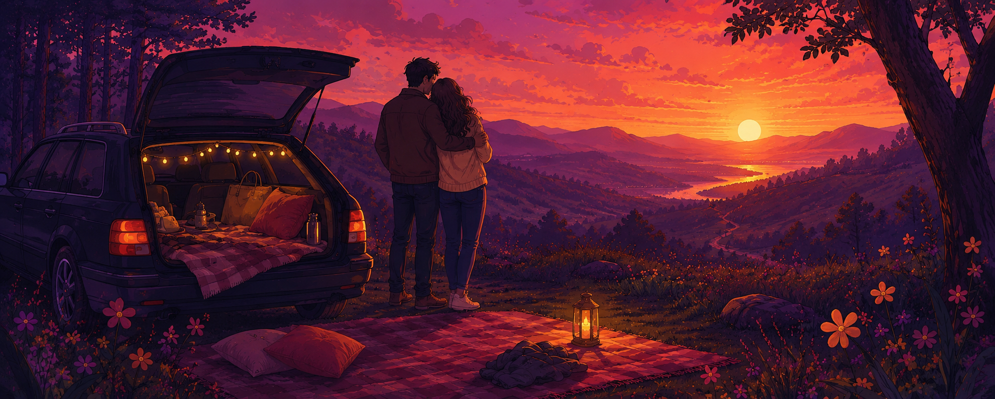 Illustration af et par, der står ved et åbent bagagerum med tæpper og lanterner og ser ud over et bjerglandskab ved solnedgang