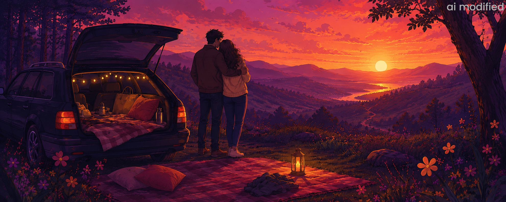 Illustration eines Pärchens, das neben einem geöffneten Kofferraum mit Decken und Laternen steht und auf eine Berglandschaft bei Sonnenuntergang blickt