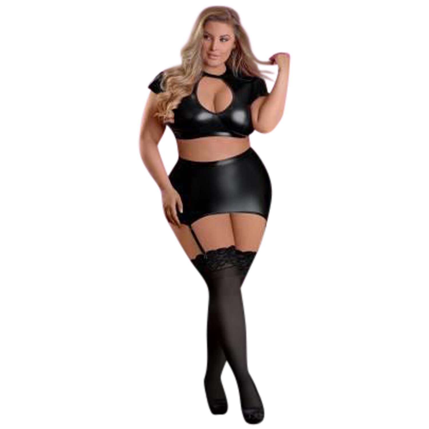 Magic Silk Exposed Wetlook Crop Top og Hofteholder Nederdel Plus Size - Sort - Plus size thumbnail