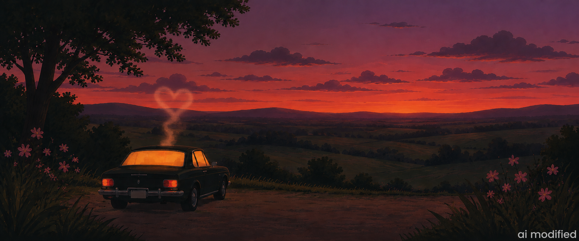 Illustration einer Landschaft bei Sonnenuntergang mit einem geparkten Oldtimer und Blick auf sanfte Hügel, aus dessen Fenster ein herzförmiger Nebelschwaden aufsteigt