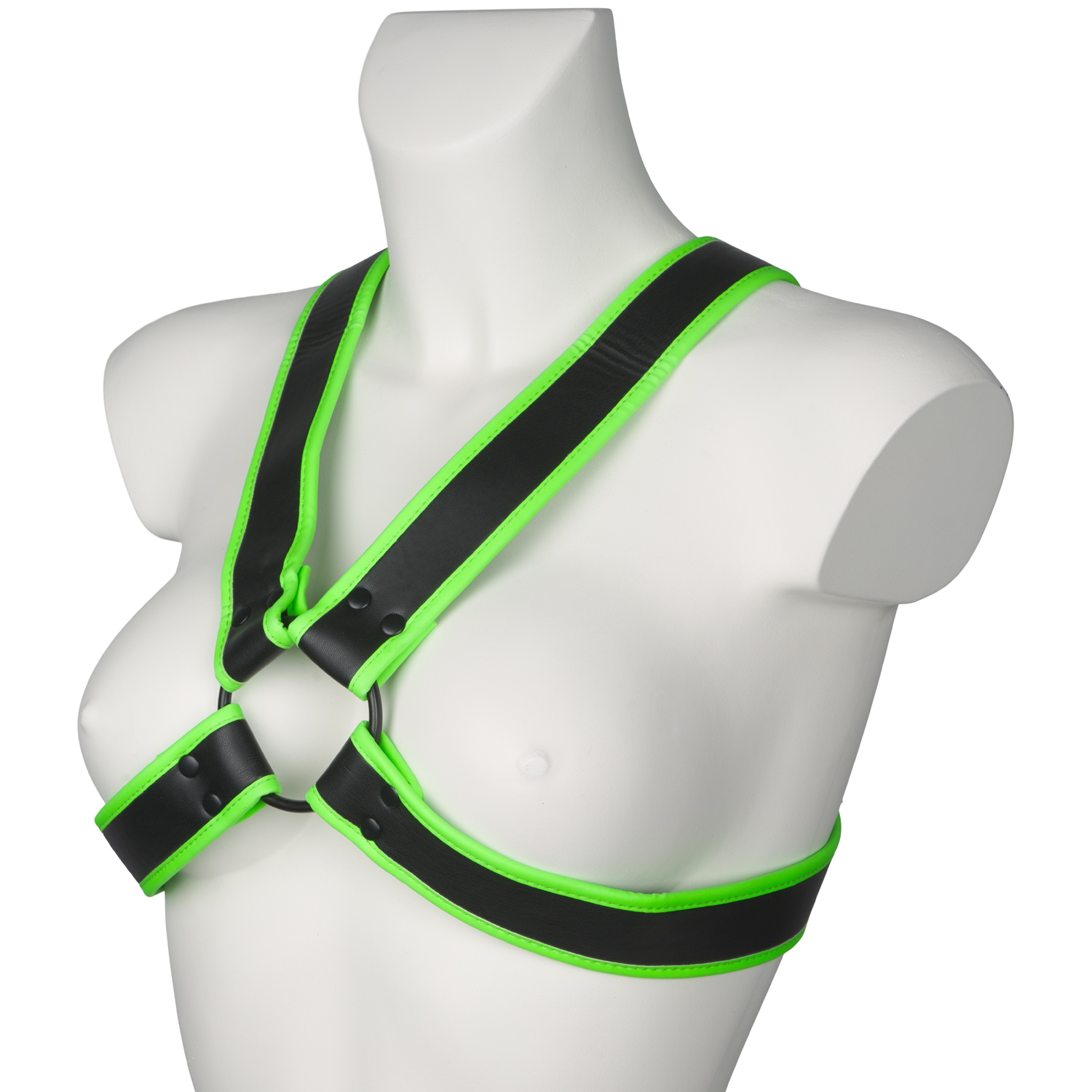 Ouch! Glow in the Dark Cross Bryst Harness   - Sort - S/M