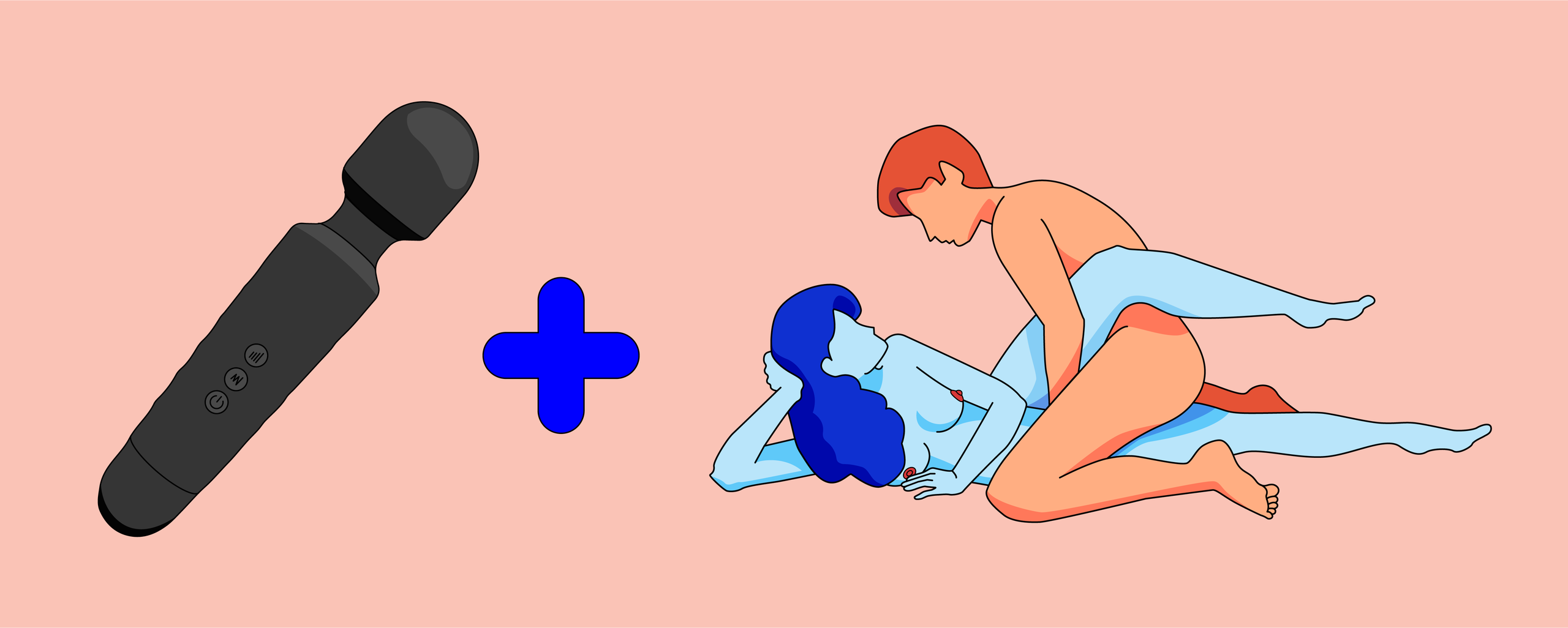 Illustration av en wand-vibrator bredvid ett par som har sex i sidoliggande ställning.