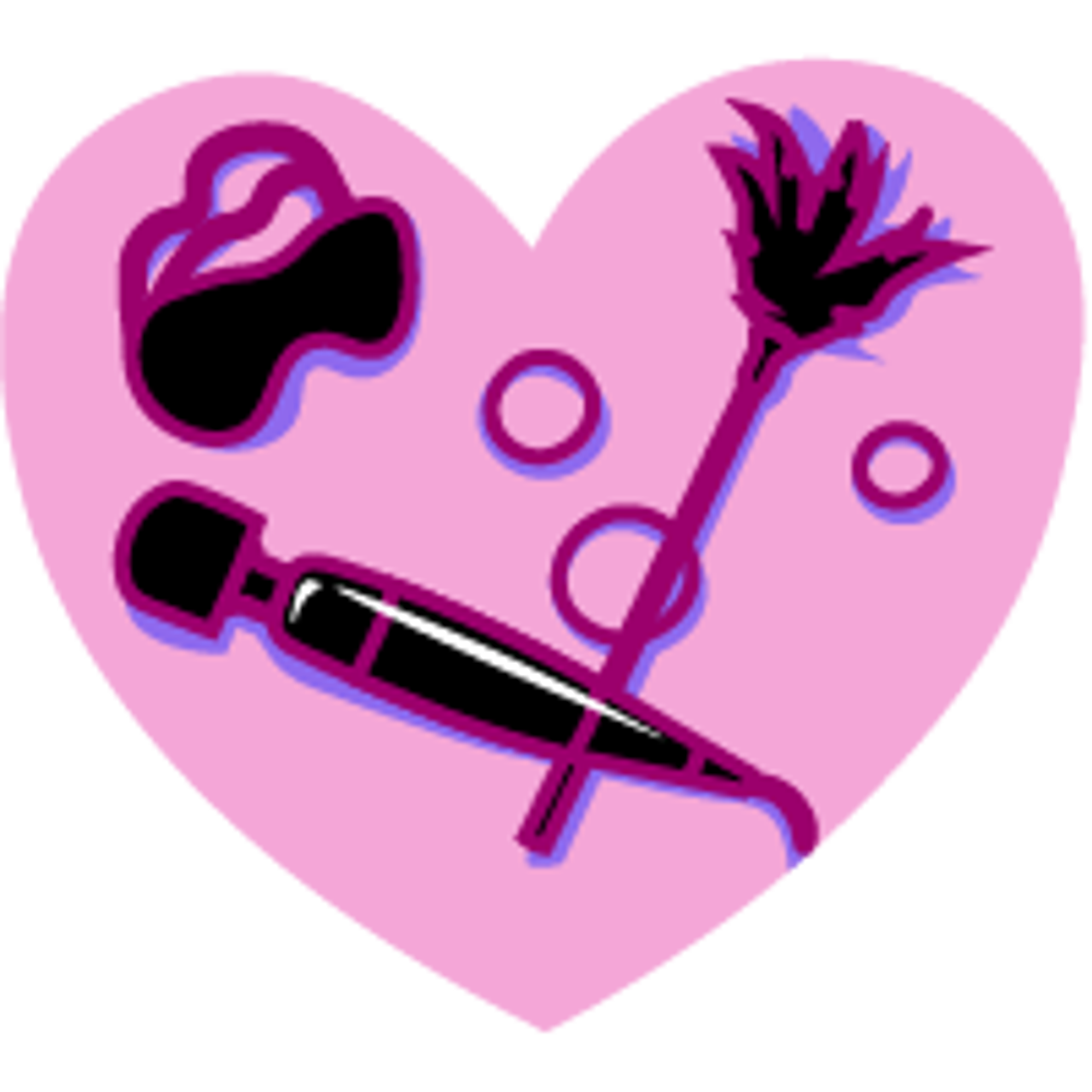 Illustration eines Stabvibrators, einer Augenbinde, einer Kitzelfeder und von Penisringen
