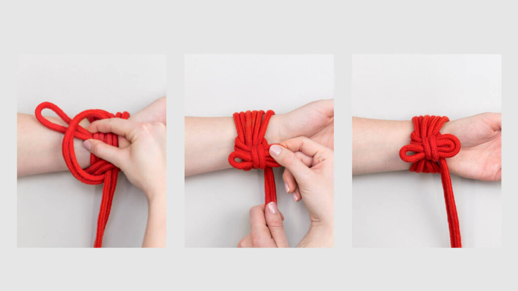 Dernières étapes du nouage d'une corde de bondage sur un bras
