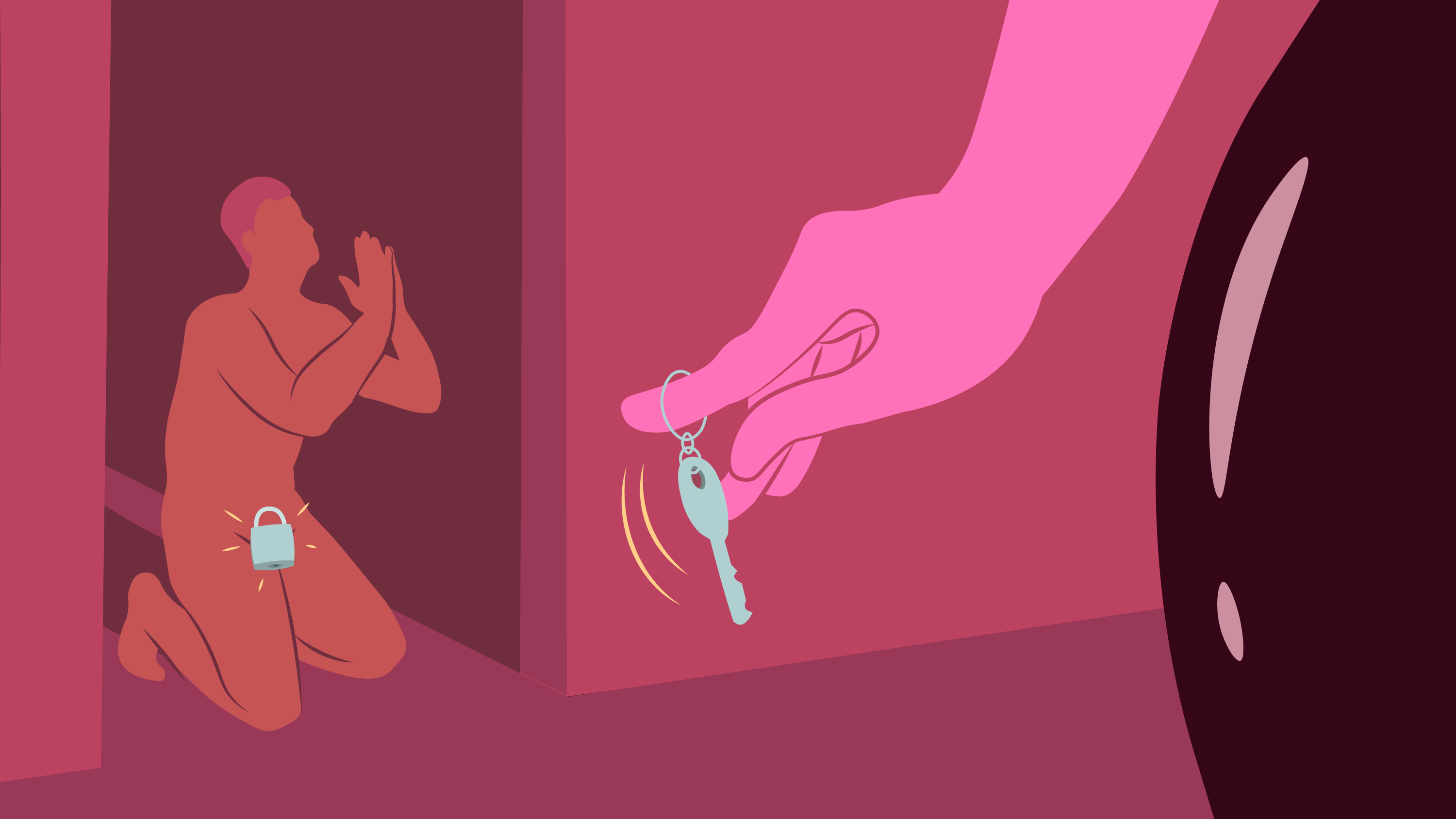 Une main tient une clé tandis qu'un homme s'agenouille et supplie. 