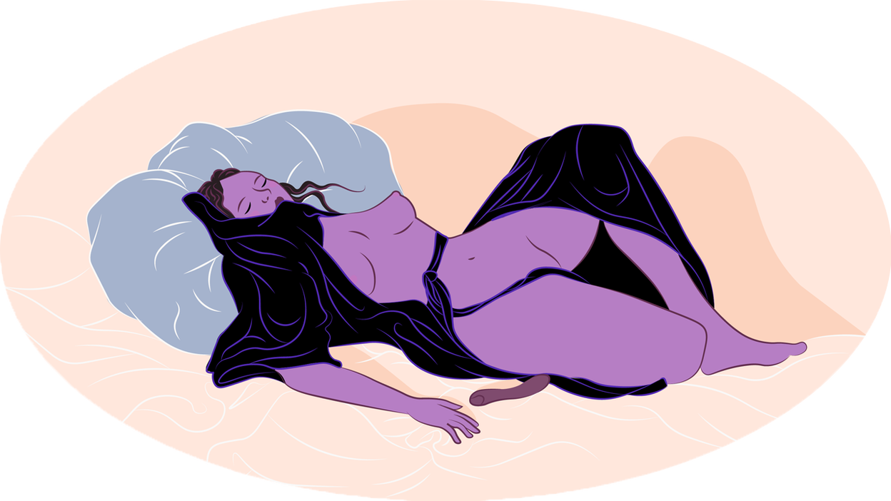 Piirroskuva naisesta, joka makaa lähes alastomana silmät kiinni vieressään seksilelu