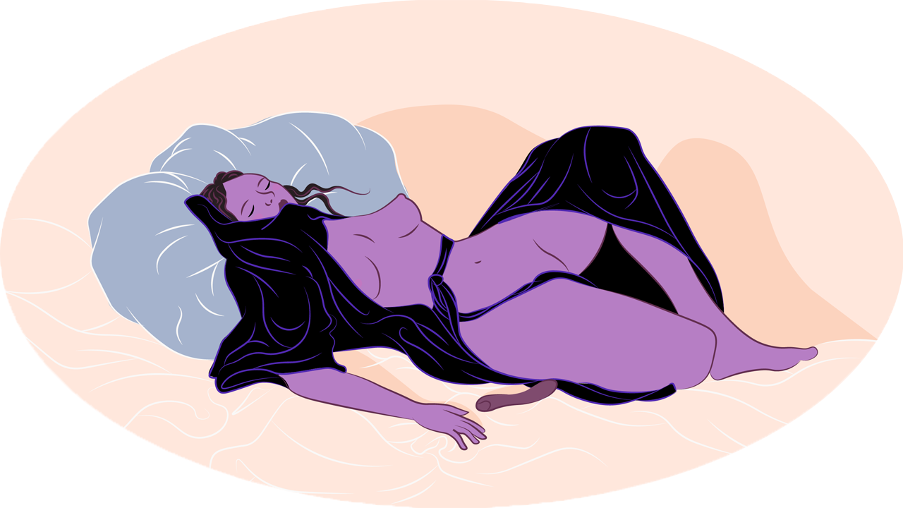 Illustration d'une femme allongée à moitié nue, les yeux fermés, avec un sextoy à côté d'elle