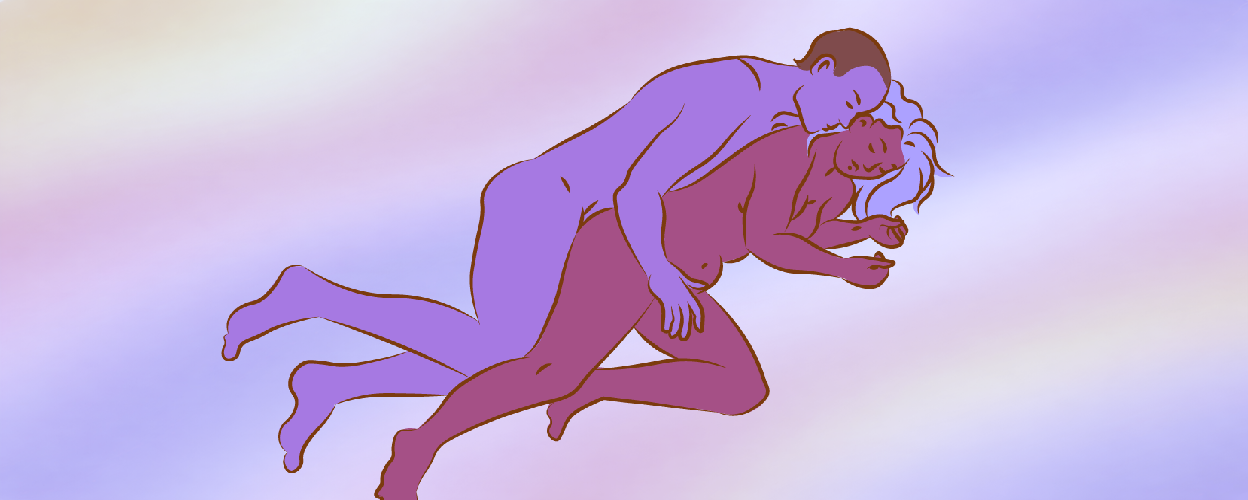 En man och en kvinna som kramas mot en lila bakgrund