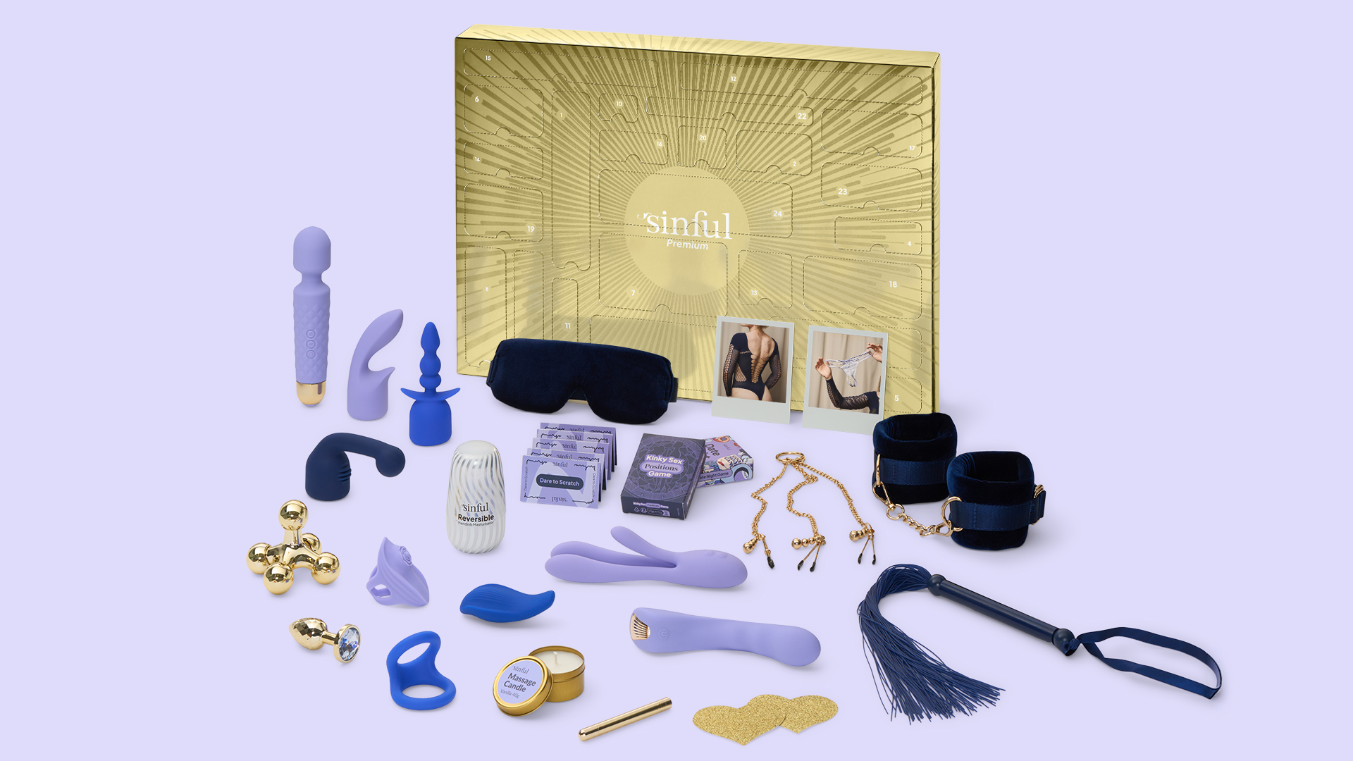 Sinful Premium-julkalender med ett urval av sexleksaker, spel, bondage-tillbehör och sensuella extraprylar på en lila bakgrund