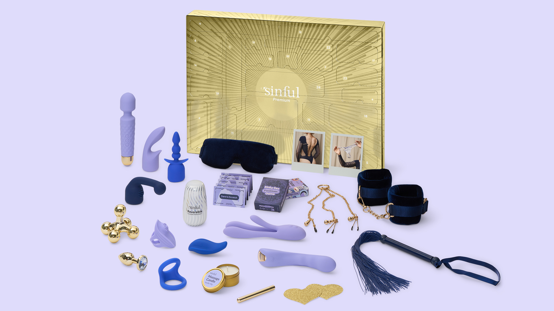 Sinful Premium-julkalender med ett urval av sexleksaker, spel, bondage-tillbehör och sensuella extraprylar på en lila bakgrund
