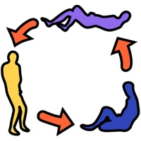 Illustration af tre mænd, der ligger ned, sidder ned og står op