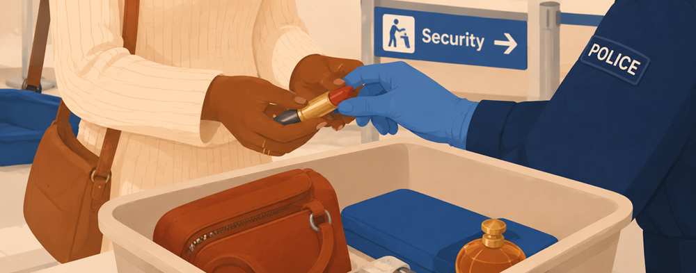 Illustratie van een veiligheidscontrole op de luchthaven, waarbij een beveiligingsmedewerker een lippenstiftvormig voorwerp uit de tas van een reiziger inspecteert.
