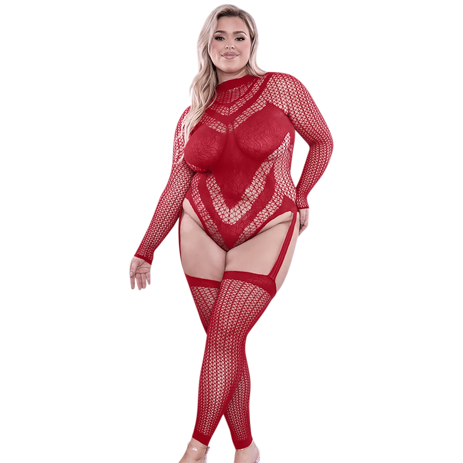 Sheer Fantasy Infatuation Gartered Langærmet Teddy Bodystocking - Red - One Size