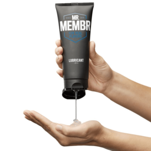 Water-based lube from MR.MEMBR being squeezed out into a hand