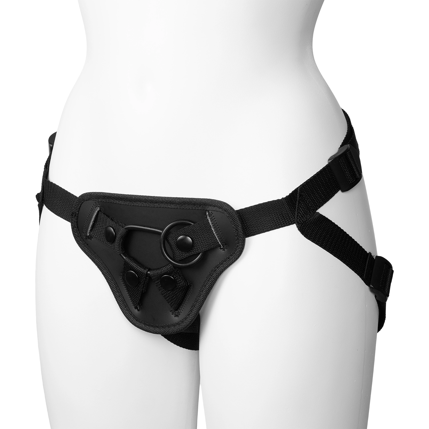 A model wearing a strap-on harness