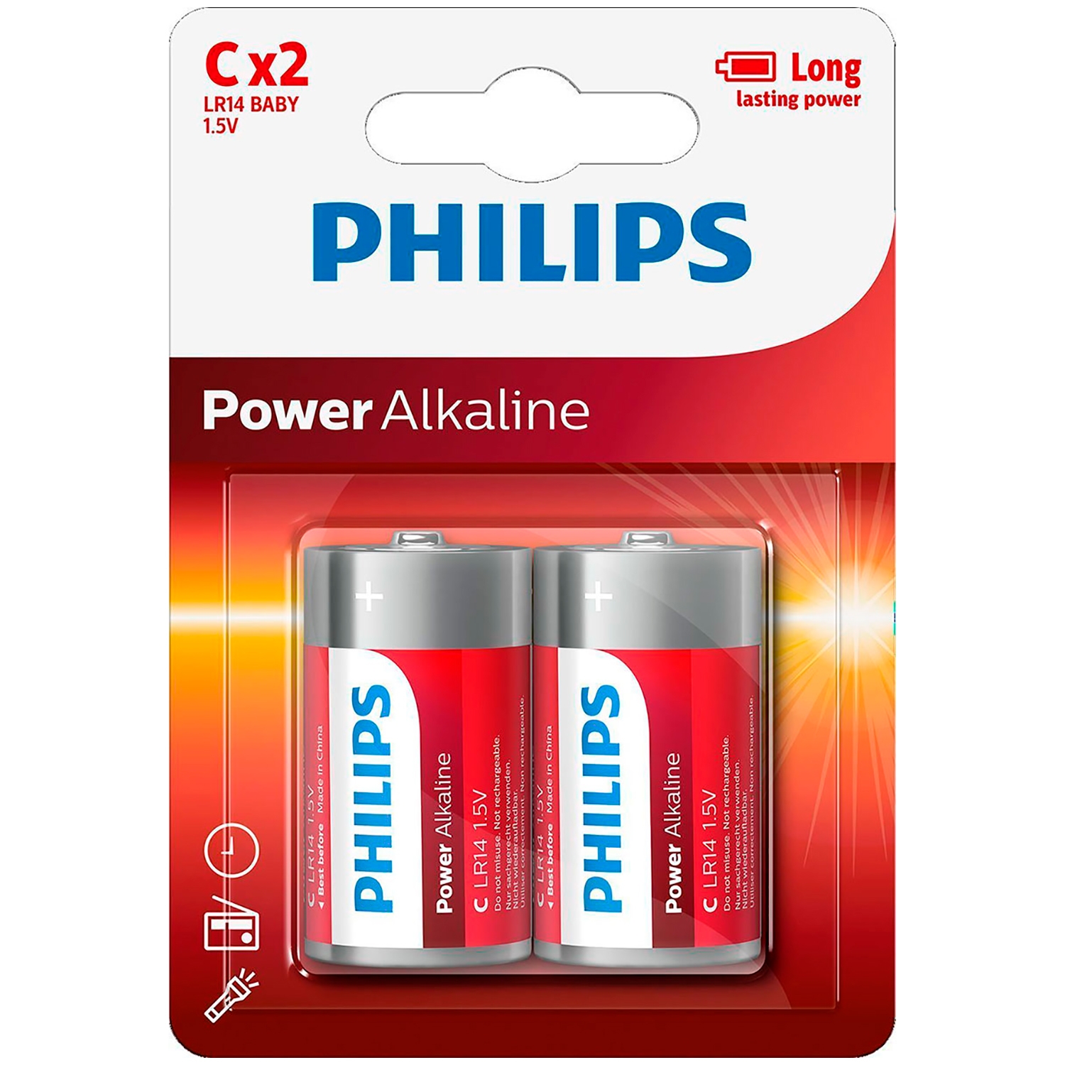 Philips LR14 C Alkaline Batterier 2 stk    - Sølv