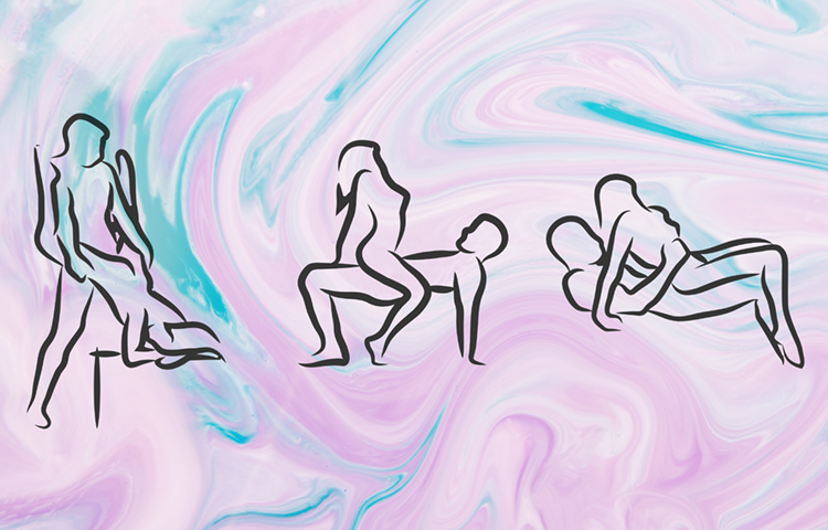 Outline drawing of 3 sex positions on colourful background