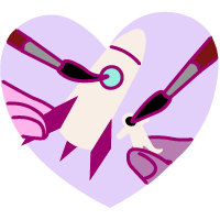Illustrasjon av et hjerte med en rakett og to blyanter inni