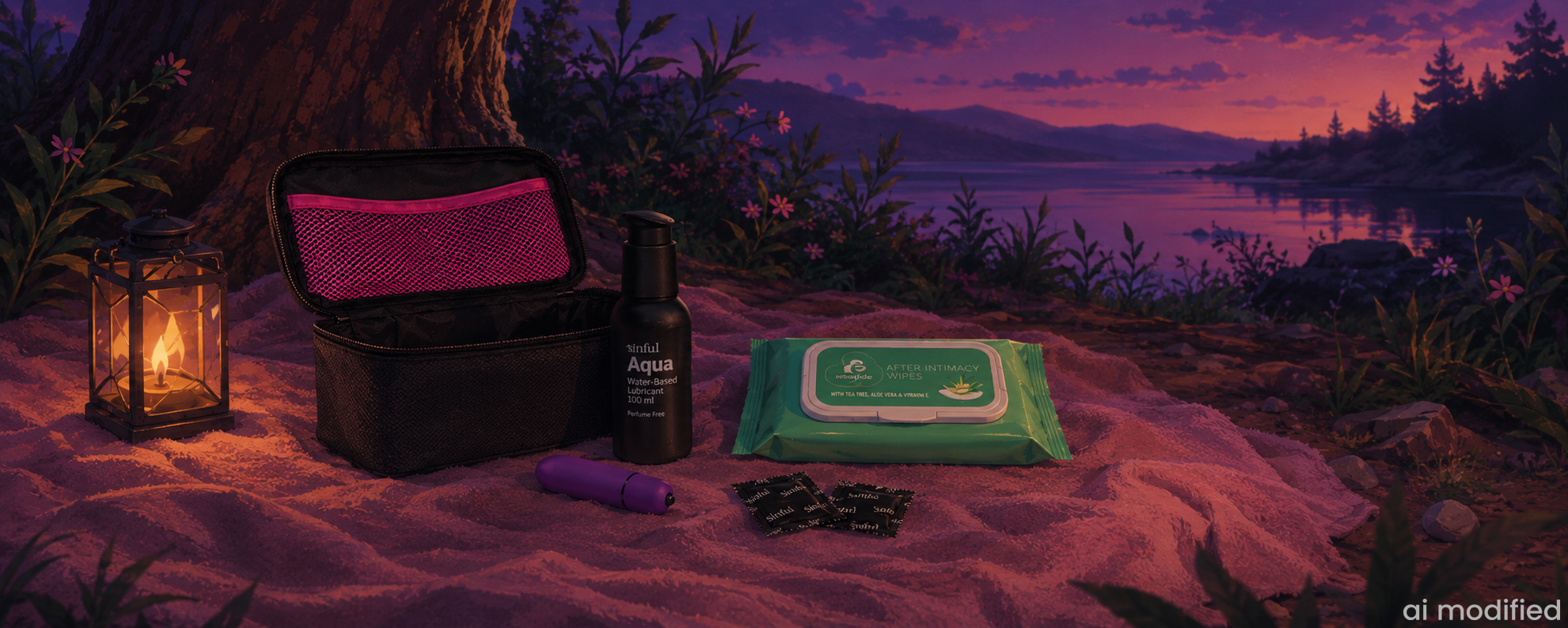 Illustration einer Picknick-Auslage am See bei Sonnenuntergang mit Gleitgel, Feuchttüchern, Kondomen, einem Vibrator und einem Kulturbeutel auf einer Decke