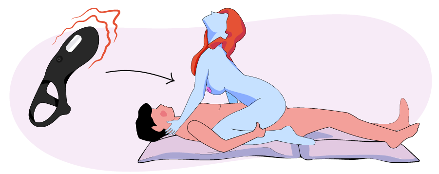 Illustration de la position de la cowgirl avec un anneau pénien vibrant