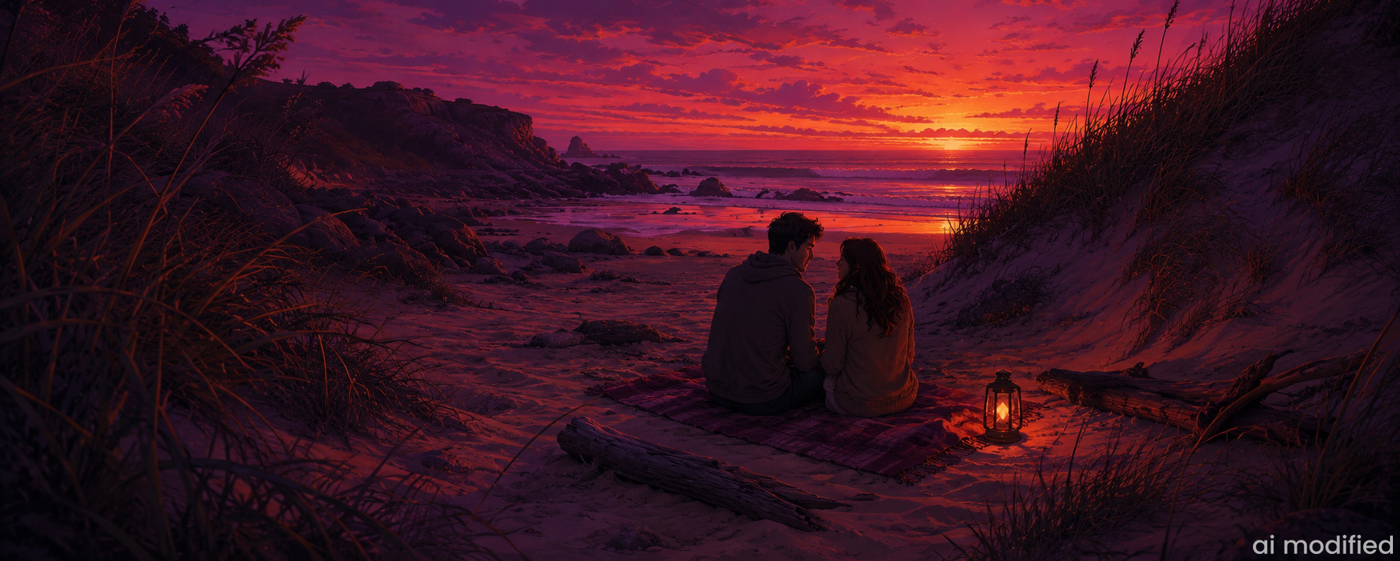 Illustration eines Pärchens, das auf einer Decke am Strand sitzt und einen farbenprächtigen Sonnenuntergang am Meer beobachtet