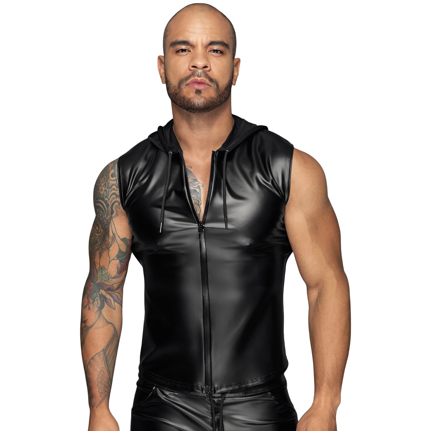 Noir Handmade Aiden sort wetlook hættetrøje uden ærmer til mænd, S (36-38), Sort