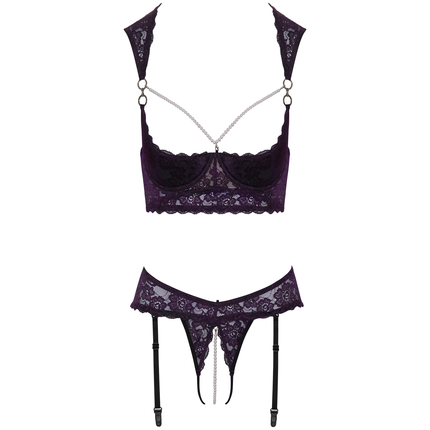 Ensemble Lingerie Femme Sexy - Soutien-gorge Nu En Dentelle & String Ouvert - Transparent Résille Pour Tenue Coquine