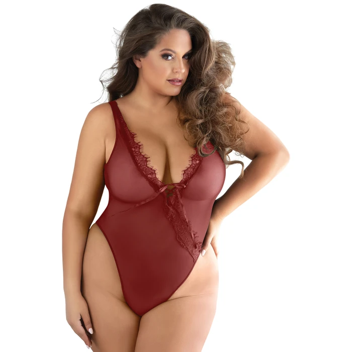 Allure Diva Leilani Öppen Teddy i Röd Mesh och Fransspets Plus Size var 1