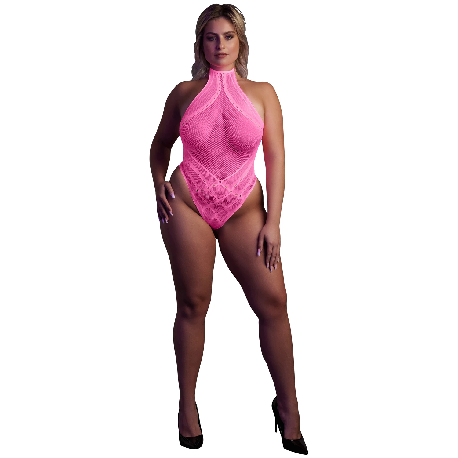 Ouch! Plus Size Pimeässä Hohtava Neonpinkki Body var 1