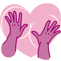 Illustrasjon av to hender og et hjerte med bryster