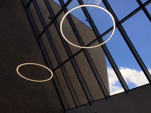 Futuristic lights in building entrance accent modern interior design