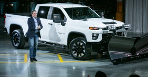 GM President Reuss at Flint Assembly with 2020 Chevy Silverado 2500HD.