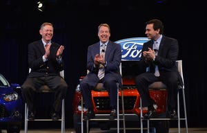 Ford CEO Alan Mulally left joins Chairman Bill Ford center and COO Mark Fields in announcing Fieldsrsquo promotion to top job